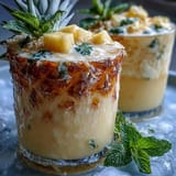 Tropical Pineapple Coconut Agua Fresca served over ice with a pineapple wedge and lime slice for a refreshing summer drink.