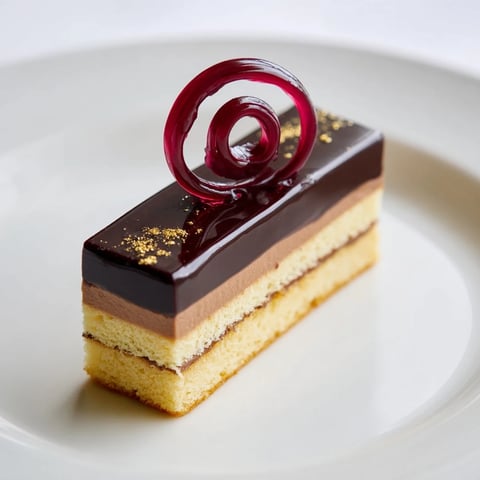 Delicious The Golden Ratio Shell, a layered dessert with raspberry jelly spiral details and shiny glaze.