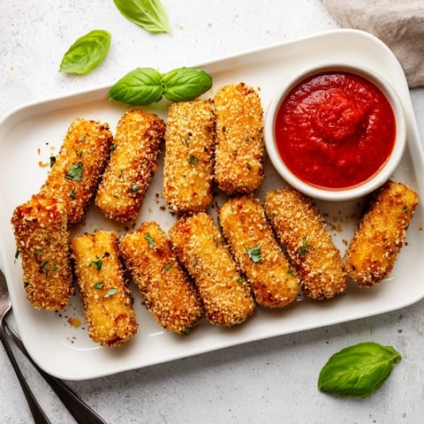 Golden-brown air fryer mozzarella sticks served warm with marinara dipping sauce and fresh basil garnish.  