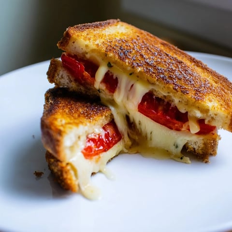 A close-up of a Pepper Jack & Tomato Grilled Cheese sandwich, sliced in half to reveal gooey, melted cheese and juicy tomato layers on jalapeño-studded bread.  