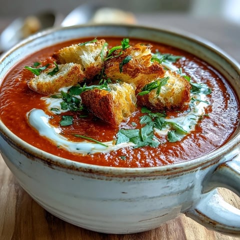A bowl of Roasted Red Pepper Soup With Crispy Croutons, garnished with fresh herbs and a drizzle of cream.