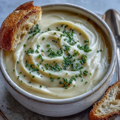 Creamy potato leek soup served hot in a white bowl, garnished with fresh chives and a drizzle of olive oil.