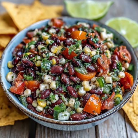 Cowboy Caviar served in a rustic bowl, loaded with black beans, corn, and colorful diced bell peppers.