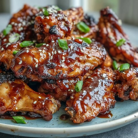 Coca Cola Chicken Wings glistening with sticky, savory-sweet glaze, topped with fresh scallions and sesame seeds on a serving platter.