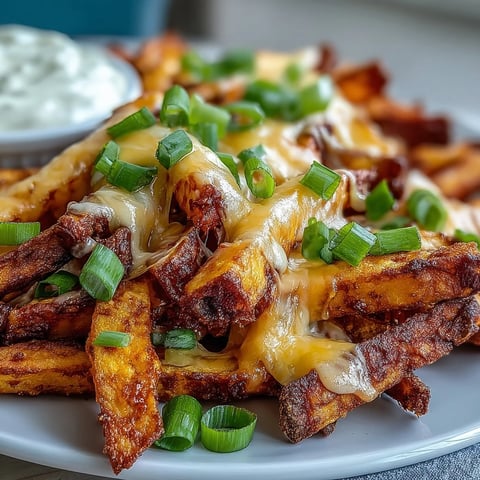 Golden, crispy Cheesy BBQ Fries with Ranch Dip are piled high on a platter, topped with melted cheddar and fresh green onions.