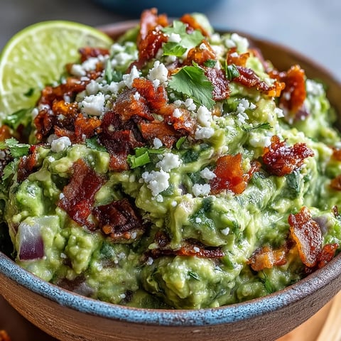 Creamy Bacon Guacamole with Cotija Cheese topped with crispy bacon crumbles and fresh cilantro, served in a rustic bowl with tortilla chips.