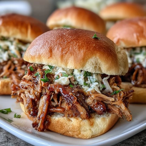 Golden-brown, shredded Applesauce Pulled Pork Sandwiches stacked high on soft buns with a sweet apple cider glaze.