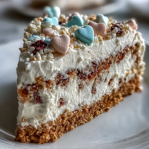 A sliced view of the no-bake Candy Hearts Fake Cake reveals a fluffy cream cheese layer over a golden graham cracker crust.