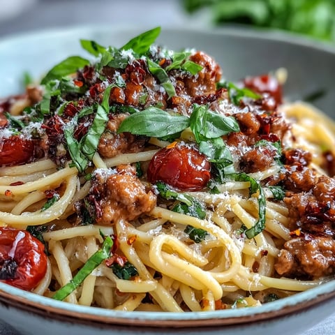 Sizzling Italian Drunken Noodles with spicy sausage, sweet cherry tomatoes, and fresh basil in a rich Chianti sauce.