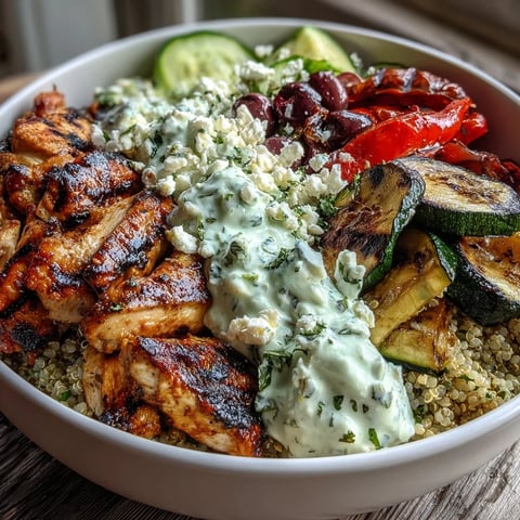 Grilled zucchini, bell peppers, and eggplant atop nutty quinoa, ready for a drizzle of tzatziki.