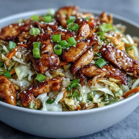 Sizzling chicken and tender cabbage coated in a savory soy-sesame glaze, garnished with scallions and chili crisp for this easy Egg Roll Bowls recipe.