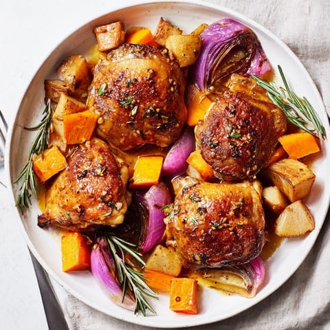 Close-up of Honey-Glazed Chicken with Roasted Root Vegetables, glistening and ready to serve.