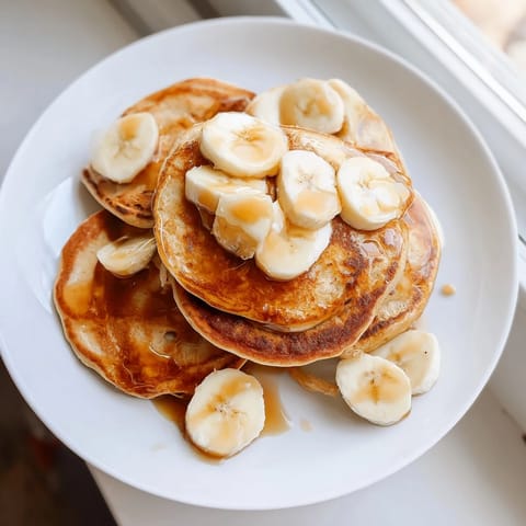 Fluffy weekend golden-brunch banana pancakes, showing their golden brown edges, ready for a delicious breakfast.