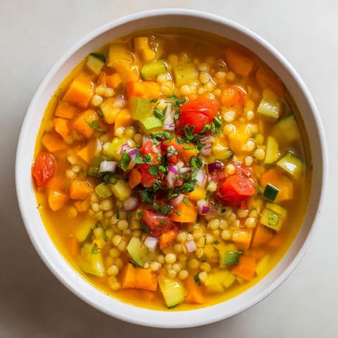 Hearty Simple Homemade Grain and Vegetable Soup: a close-up of the textured, flavorful vegetable stew.