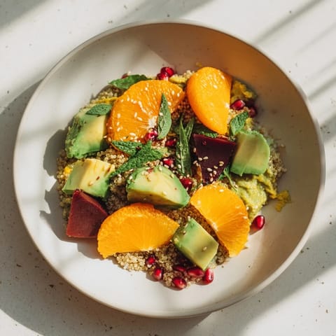 The bright Fresh Citrus & Avocado Quinoa Bowl features vibrant orange and grapefruit pieces atop cooked quinoa.