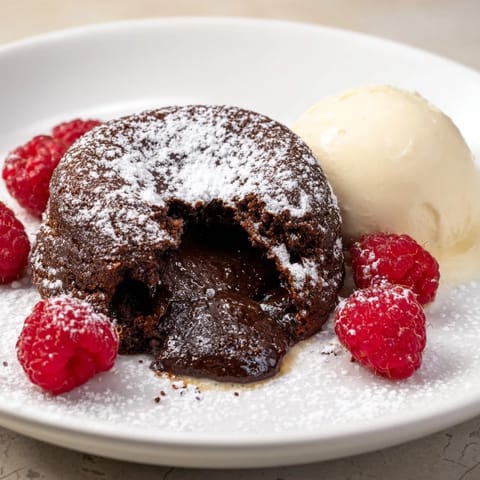 Rich cocoa-infused dark chocolate lava cakes, served with vanilla ice cream and fresh berries.