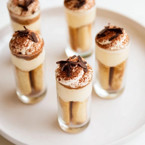 Close-up of decadent Countdown Tiramisu Shots, garnished with cocoa dust, ready for a sweet treat.