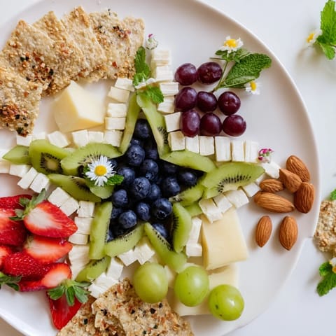 A visually appealing negative space puzzle with cheeses, fruits, and almonds, ready to serve.