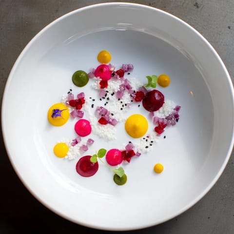 A beautifully arranged Pointillism Dot Matrix dish featuring bright vegetable dots, ready to eat.