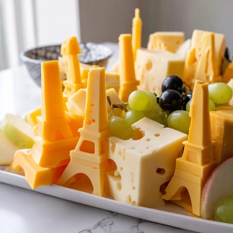The Skyline Silhouette cheese board features colorful cheese building cutouts with fresh fruit.