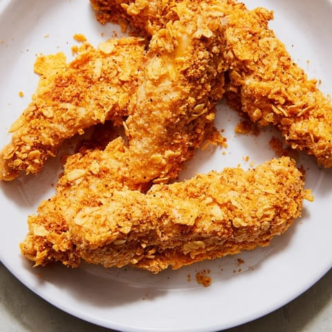 Close-up of baked onion chip chicken tenders; the crunchy coating promises flavor in every bite.