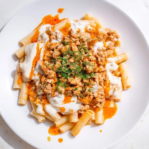This satisfying Turkish Pasta with Ground Turkey features perfectly cooked penne coated in a spiced turkey sauce.