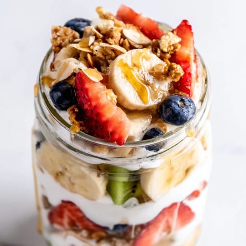 Colorful layered Yogurt Fruit Parfait showcases fresh fruit and crunchy granola, ready to eat.