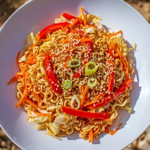 Close-up of Spicy Ramen Stir Fry, noodles and vegetables coated in a flavorful glaze, ready to eat.