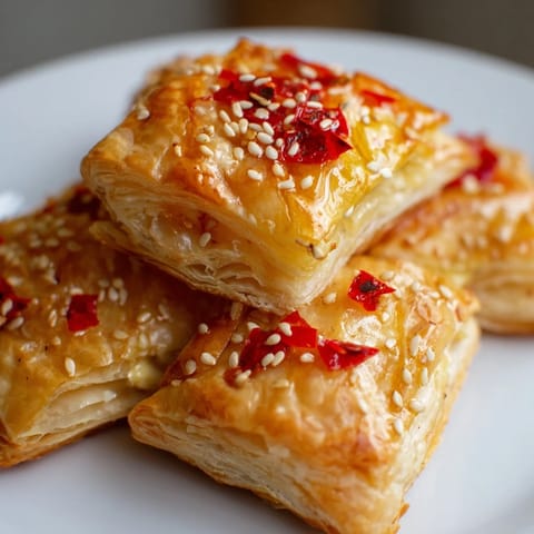 Savory and sweet Chili Crisp Honey Brie Bites, a perfect appetizer with golden, bubbly pastry.