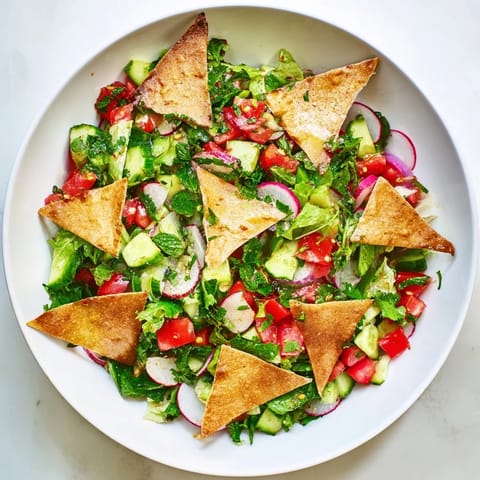 A colorful bowl of Lebanese Fattoush featuring chopped vegetables and crunchy pita, ready to serve.