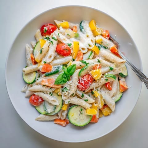 One-Pot Creamy Pasta Primavera in a white bowl, with al dente pasta and vegetables in a rich sauce.