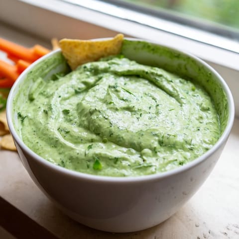 Creamy Green Goddess Salad Dip in a white bowl, garnished with fresh herbs and served with crisp cucumber and bell pepper slices.
