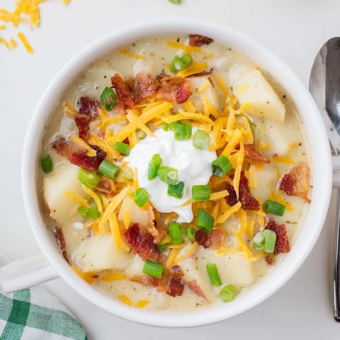 Steamy Loaded Baked Potato Soup with melted cheddar, crumbled bacon, and a dollop of sour cream.  