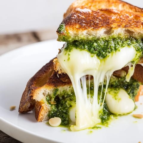 Close-up of Spinach Pesto Grilled Cheese showing vibrant green pesto spread and buttery toasted bread.
