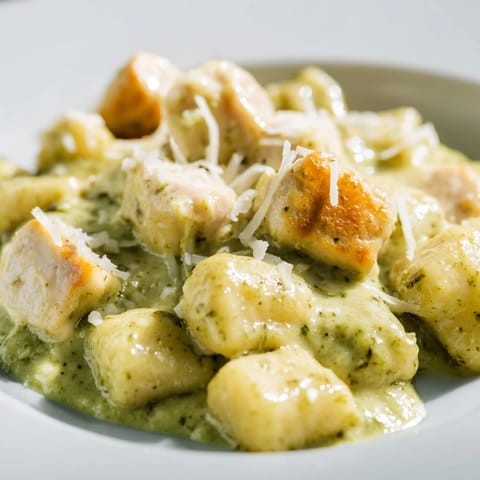 Creamy Pesto Gnocchi with Chicken is ready for a cozy dinner, featuring a rich, garlicky sauce clinging to every pillow of gnocchi.  