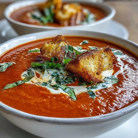 A spoon swirls the rich, velvety Creamy Roasted Tomato Soup with heavy cream.