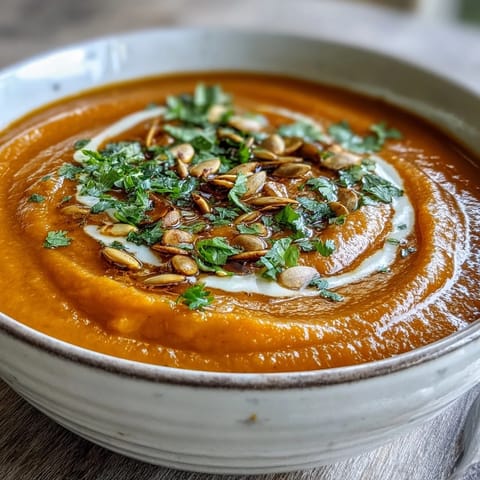 A close-up of creamy Carrot Ginger Soup with a bright green herb topping and a warm, comforting steam rising.