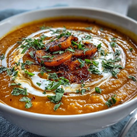 Golden-orange Carrot and Lentil Soup steaming in a bowl, garnished with fresh cilantro and a swirl of coconut cream.