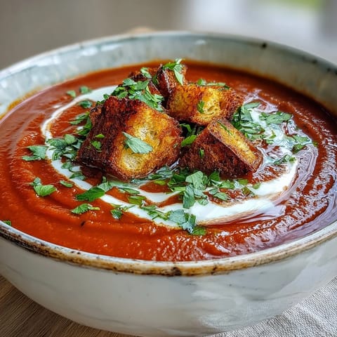 Roasted Red Pepper Soup With Crispy Croutons is served steaming hot in a rustic bowl, with golden bread cubes on top.