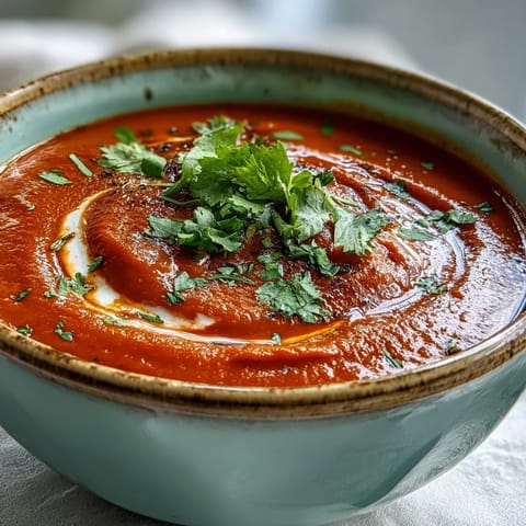 Silky roasted red pepper soup with creamy yogurt swirl and fresh cilantro garnish, served alongside crusty artisan bread.