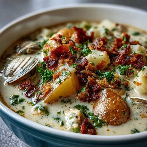 Steaming bowl of New England Clam Chowder garnished with fresh parsley, served alongside oyster crackers for dipping.
