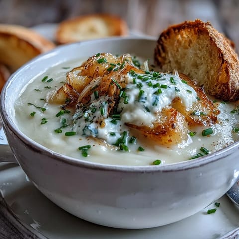 Creamy potato leek soup in a white bowl, garnished with fresh chives and a swirl of cream.