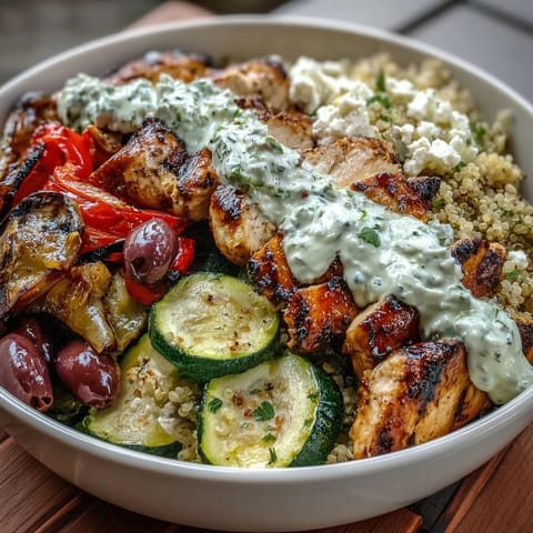 Colorful charred vegetables and juicy halloumi pieces rest on a bed of fluffy quinoa in a bowl.