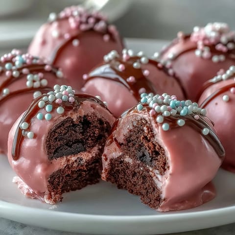 Close-up of Oreo Truffle Balls with Pink Candy Coating, revealing a rich chocolate center under a thick, crunchy shell.