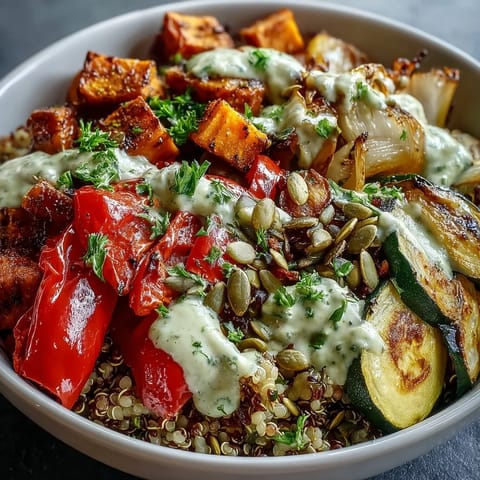 Colorful sweet potatoes and red onion garnish a vibrant Lentil Power Bowl beside fluffy quinoa and fresh parsley.
