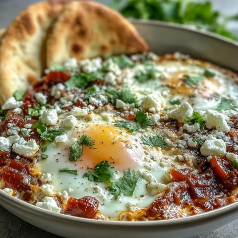 A close-up of bubbling Shakshuka Bowl topped with fresh herbs and crumbled feta, perfect for a vegetarian dinner.