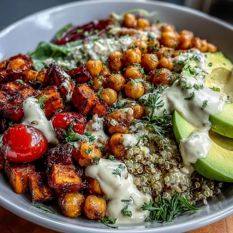 A colorful serving of Chickpea Power Bowl with tahini drizzle over quinoa and roasted vegetables.