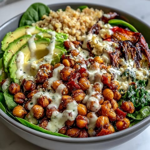 Crispy roasted chickpeas, roasted sweet potatoes, and red peppers top a bed of quinoa in this vibrant Roasted Chickpea Power Bowl, finished with creamy tahini dressing.