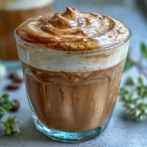 Steamed milk and frothy hojicha tea combined in a warm cortado served in a ceramic cup. 