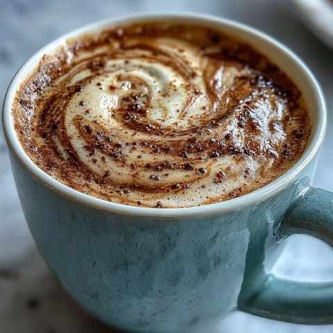 Steaming mug of Hojicha Latte with Vanilla Extract beside a small whisk and ceramic bowl of hojicha powder. 